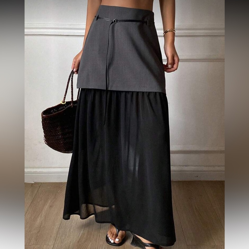 Two-Tone Black Maxi Skirt with Layered Panel